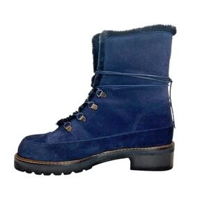 Stuart Weitzman Lug Sole Faux Fur Navy Suede Lace Up Boots Size 7.5 M